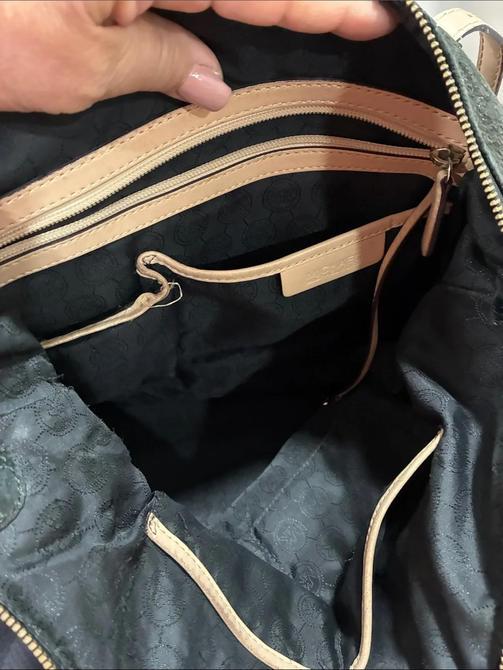 Michael Kors Black Snake-Embossed Shoulder Tote with Beige Straps